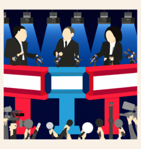 red, white and blue graphic of three people at podiums holding microphones in front of a group of reporters