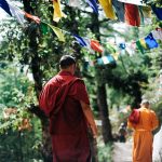 Two Buddhist monks in saffron robes walk along a wooded path lined with prayer flags