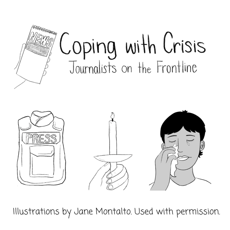line drawings of a hand holding a press notebook, a press flak vest, a hand holding a small candle, and a face wiping a tear away
